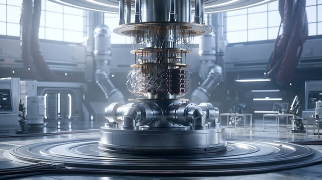 Futuristic science lab with a large glowing nuclear energy reactor in the center