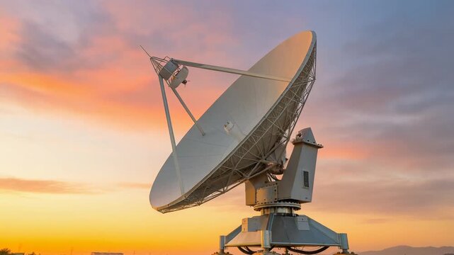 Large white satellite dish against a golden hour sky at sunset