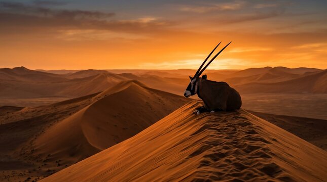 Gemsbok antelope sitting on sand dunes in the Namib Desert at sunset.