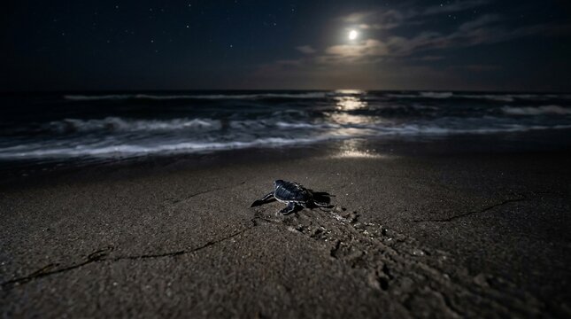 Full moon shining over a dark sandy beach with sea waves.