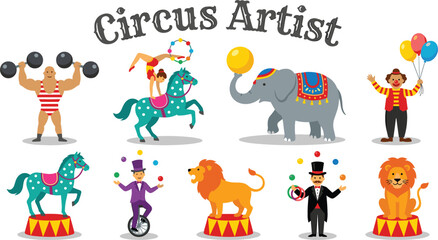Flat Circus Performer Vector Icon Set with Strongman Acrobat Elephant Clown Juggler and Trained Lion Elements for Carnival Party and Event Designs © ovi