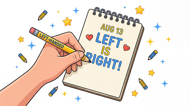 A celebratory cartoon illustration for International Left-Handers Day, featuring a left hand writing in a notepad with hearts and pencil accents.