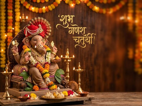 Traditional Lord Ganesha idol with marigold flowers and Marathi calligraphy wishing a happy festival.