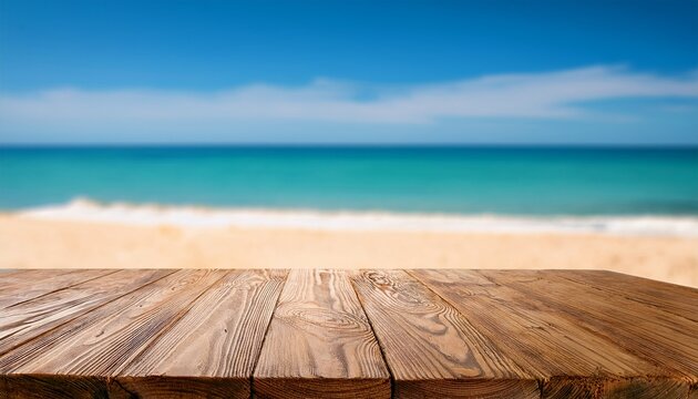 empty wooden log on rustic table over blurred sea beach background summer mock up for design and product display