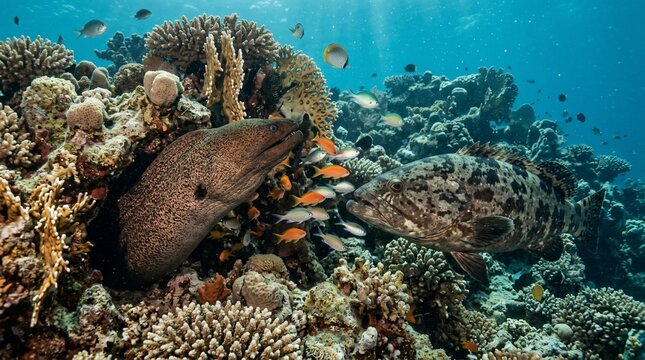 Giant moray eel and spotted grouper swimming together on a vibrant tropical coral reef.