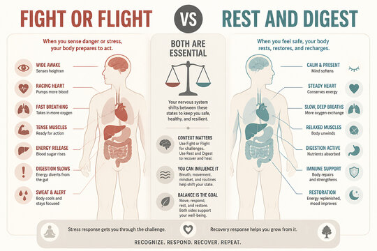 An infographic compares the fight or flight response with the rest and digest response to illustrate stress and recovery.