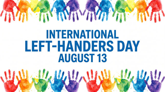 A creative poster for International Left-Handers Day on August 13th, featuring a border of colorful watercolor handprints on a clean white background.