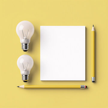 Fashion Illustration Brain Storm. Light Bulb, Memo Pad & Pencil On Yellow Background: Concept Brainstorming Still Life