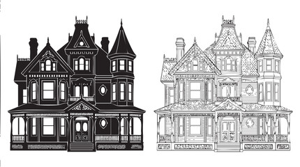 victorian house black silhouette with line art vector illustration © Shamsul