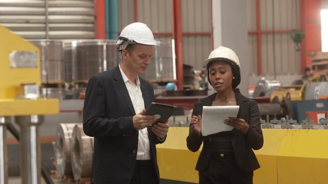 Medium shot of a Caucasian male executive and a Black female manager wearing safety helmets while reviewing operational data on a digital tablet in a heavy industrial plant. Concept of corporate 