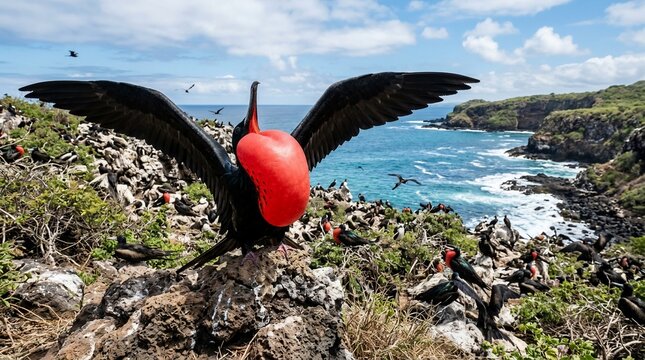 Great Frigatebird Male with Inflated Red Gular Pouch on Galapagos Islands.