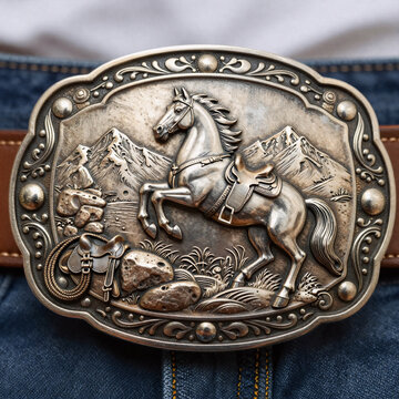 Editorial Illustration Cowboy American. Intricate Design For A Champion Cowboy'S Rodeo Belt Buckle
