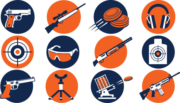 Shooting Sports Firearms Equipment and Safety Gear Icons Set