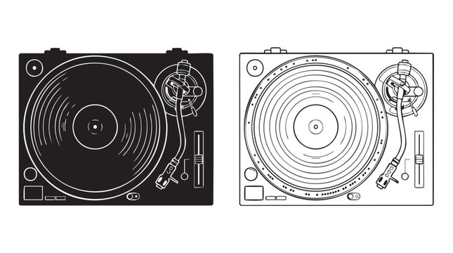 turntable with vinyl record black silhouette with line art vector