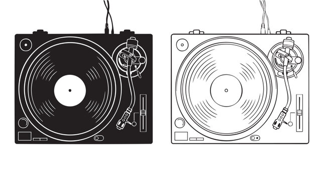 turntable with vinyl record black silhouette with line art vector illustration