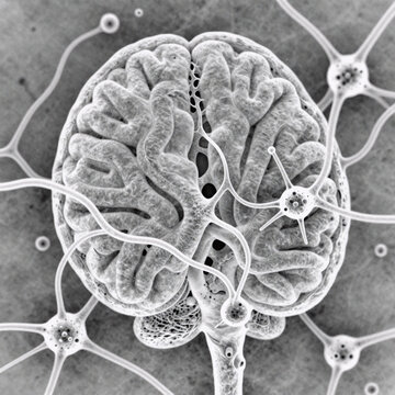 Line Art Brain Natural. Image Of Brain Tissue Under Microscopic View, Revealing Neurons And Glial Cells