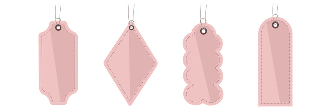 Set of four pink paper gift tags with different geometric shapes and string attachments for retail labeling isolated on a transparent background