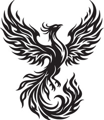 Fototapeta premium Stunning black silhouette of a majestic phoenix rising from flames on white background, symbolizing rebirth and freedom in stylized tribal tattoo art form