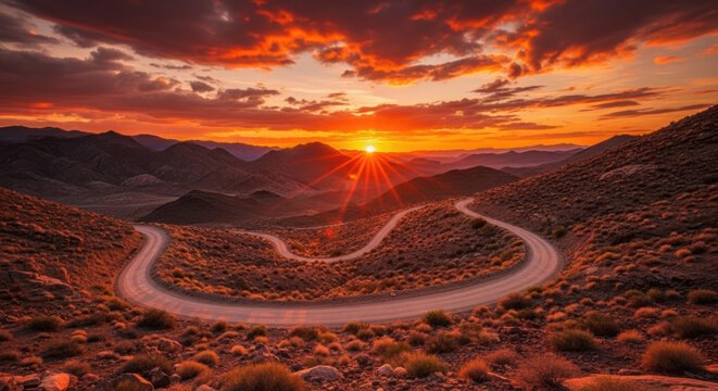 Winding road through a desert landscape during a beautiful sunset