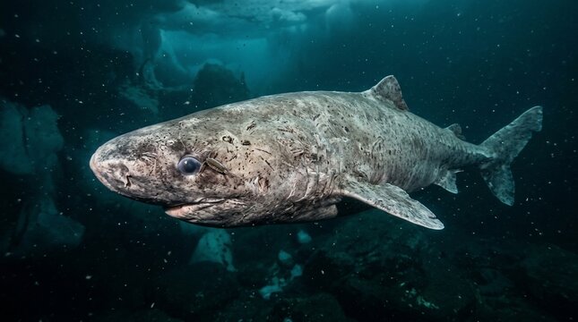 Greenland shark swimming in the deep arctic ocean.