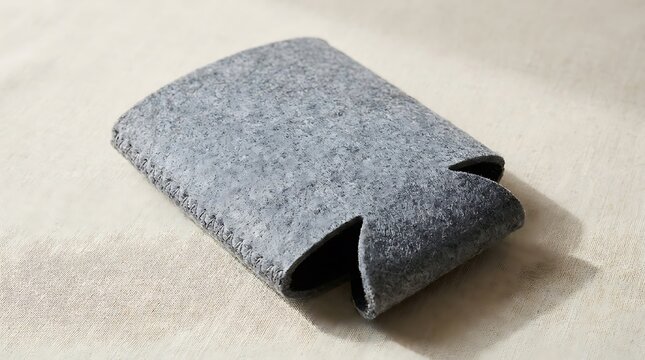 Grey fabric drink cooler sleeve for a cold beer can or soda bottle sitting on a flat surface top view. koozie mockup