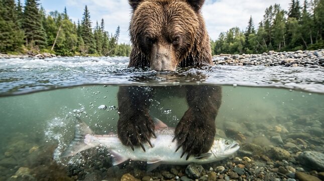Grizzly bear catching a salmon in a river split level underwater shot.