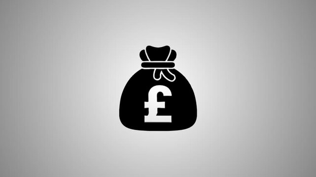 A dynamic 3D animation reveals a money bag with pound sterling symbol, shifting from a shiny metallic gray to a solid black icon with a subtle highlight