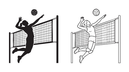 volleyball player spiking ball over net black silhouette with line art vector © Shamsul