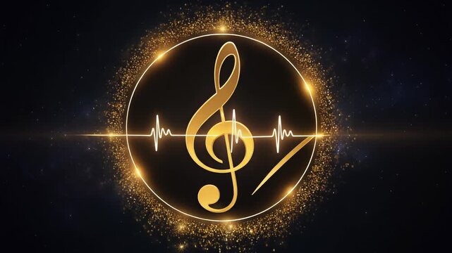 Golden treble clef rotating inside glitter circle on dark starry background