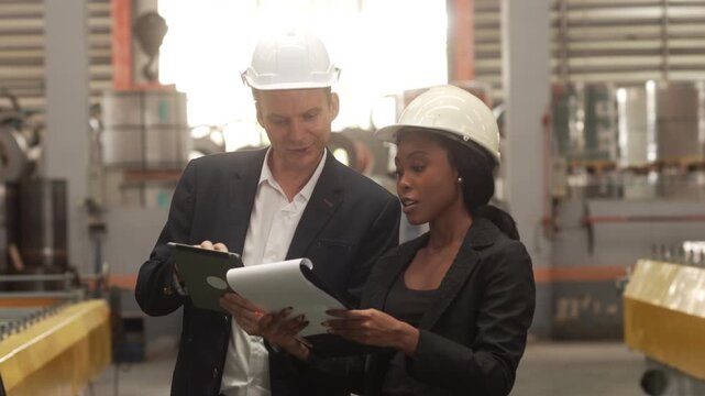 Medium shot of a Caucasian male executive and a Black female manager wearing safety helmets while reviewing operational data on a digital tablet in a heavy industrial plant. Concept of corporate 