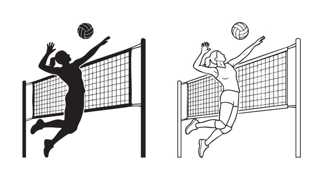 volleyball player spiking ball over net black silhouette with line art vector