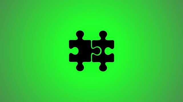 Two interlocking puzzle pieces representing connection and teamwork on green background motion graphic