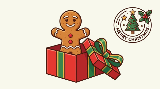 A cheerful gingerbread man pops out of a festive Christmas gift box