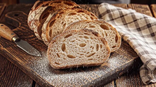 Hands sifting powdered sugar over sliced artisan bread on wooden board