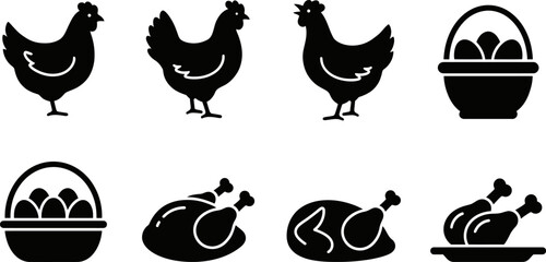 Black silhouettes of chickens and chicken products on white background © AhammadMiran99