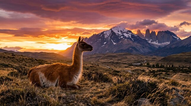 Guanaco Resting in Patagonia Landscape at Sunrise.