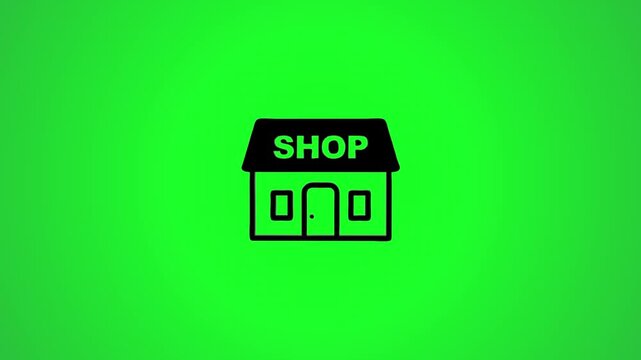 Animated shop building icon with shop sign appearing on green screen background