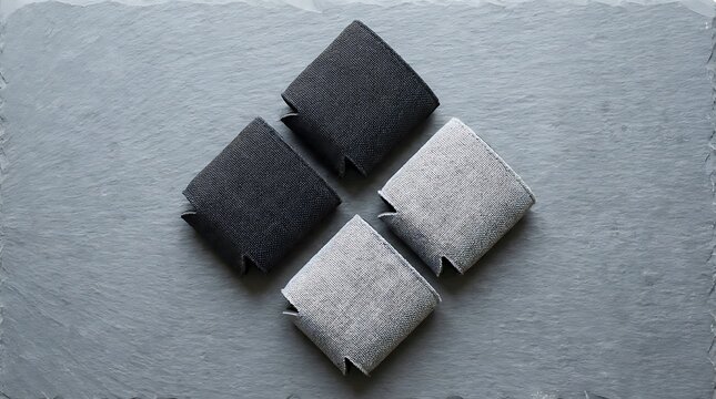 Four small square boxes arranged in a diamond shape on a textured grey surface for product packaging. koozie mockup