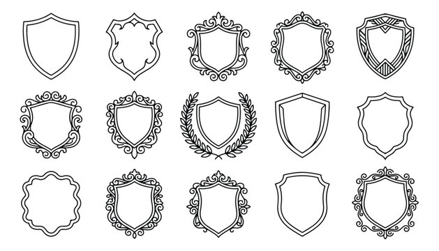 Vintage heraldic shield icons set, ornate royal coat of arms frames, 15 black line art crest emblems for luxury branding and security logos