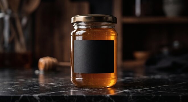 Blank black label mockup on glass jar of honey on dark luxury marble