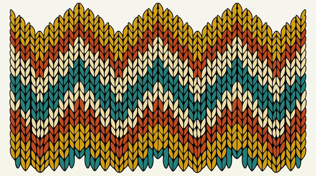 A colorful chevron knitting pattern in teal, orange, yellow and cream