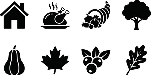 Black silhouettes of various autumn and thanksgiving symbols on white background © AhammadMiran99