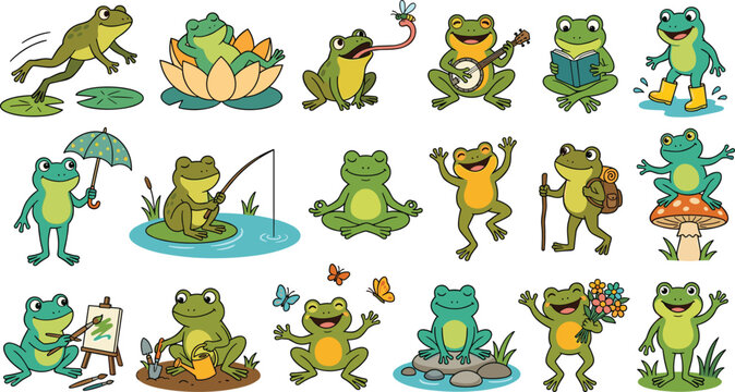 Cute frog character collection, cartoon amphibian mascot set, colorful vector illustration for children educational designs