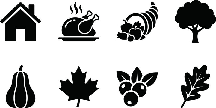 Black silhouettes of various autumn and thanksgiving symbols on white background