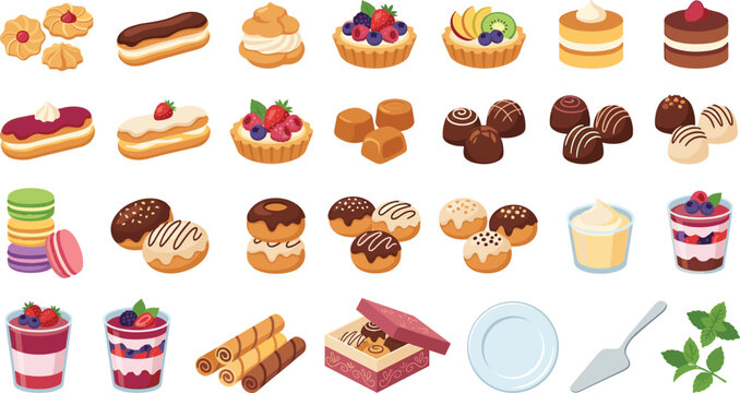 Dessert and Pastry Icons Collection with Cakes Donuts Chocolates and Sweet Treats Vector Set