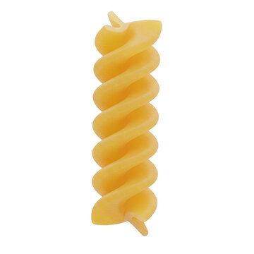 A neatly coiled yellow pasta shape resembling a spring or spiral isolated on transparent background