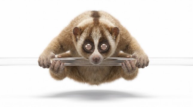 Cute slow loris hanging from a glass rod with large brown eyes against white background