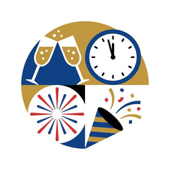 Obraz premium A festive celebration icon with champagne glasses, clock, fireworks and party popper
