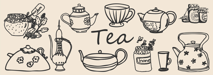 Fototapeta premium Tea vector elements set. Hand drawn line art doodle Tea set . Vector illustration.