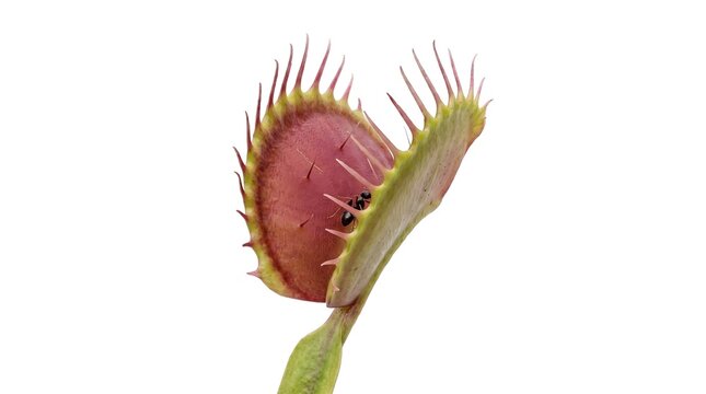 A tiny black ant crawls inside the wide open red trap of a venus flytrap plant
